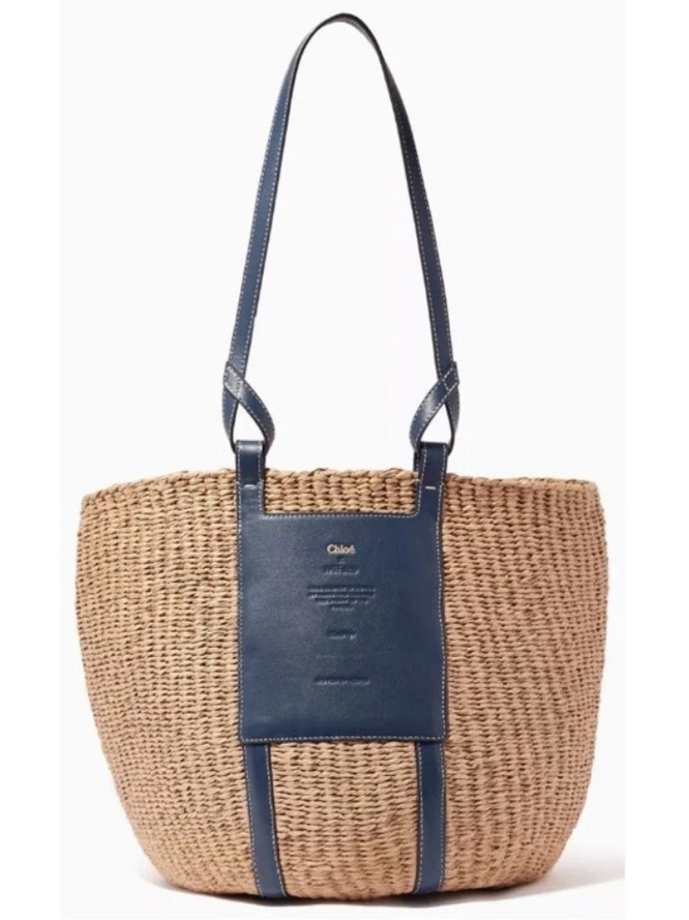 Chloé Natural Straw Tote with Navy Leather Trim